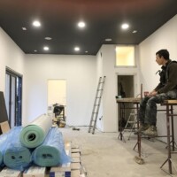 Ceiling painted a neutral grey and walls primed ready for the various colours.