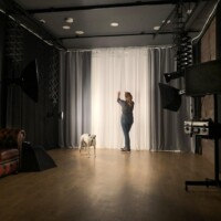 Ready for our first shoot! Creating our floor-to ceiling fake window the same as in our last studio...but supersized so Zena has even more voiles to arrange!